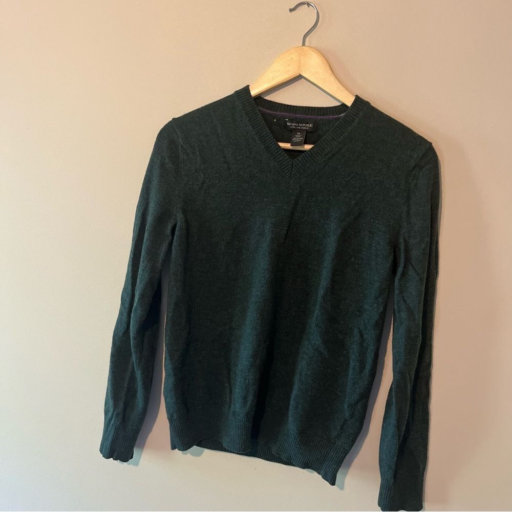 Banana Republic 100% Merino Wool Mens Sweater size M Dark Green V-Neck